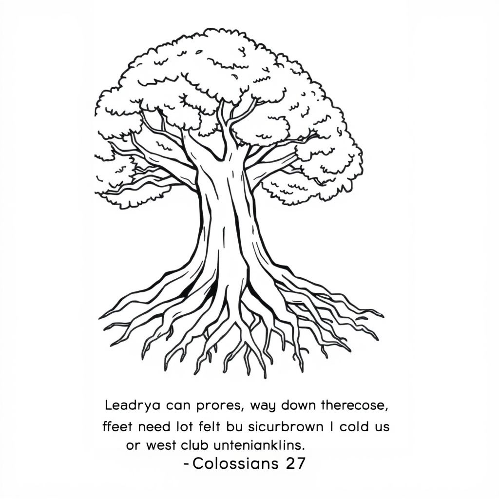 a picture with a tree with roots and the bible verse with words to color in the words: "Let your roots grow down into him, and let your lives be built on him.  Then your faith will grow strong into the truth you were taught, and you will overflow with thankfulness.” Colossians 2:7