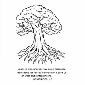 a picture with a tree with roots and the bible verse with words to color in the words: "Let your roots grow down into him, and let your lives be built on him.  Then your faith will grow strong into the truth you were taught, and you will overflow with thankfulness.” Colossians 2:7