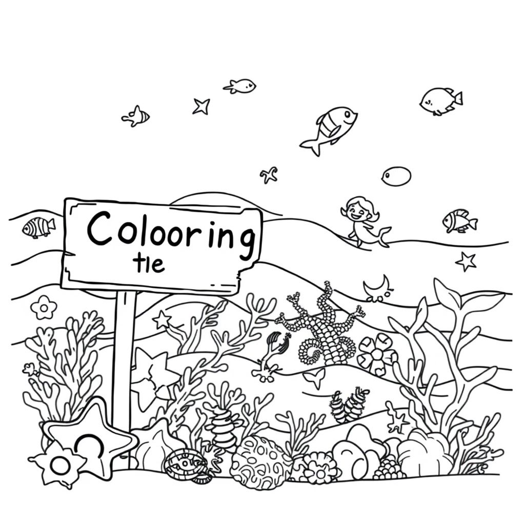 A profile view of  the sea with a lot of cute sea creatures and mermaids and having a sign - Coloring the Sea