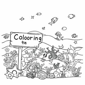 A profile view of  the sea with a lot of cute sea creatures and mermaids and having a sign - Coloring the Sea