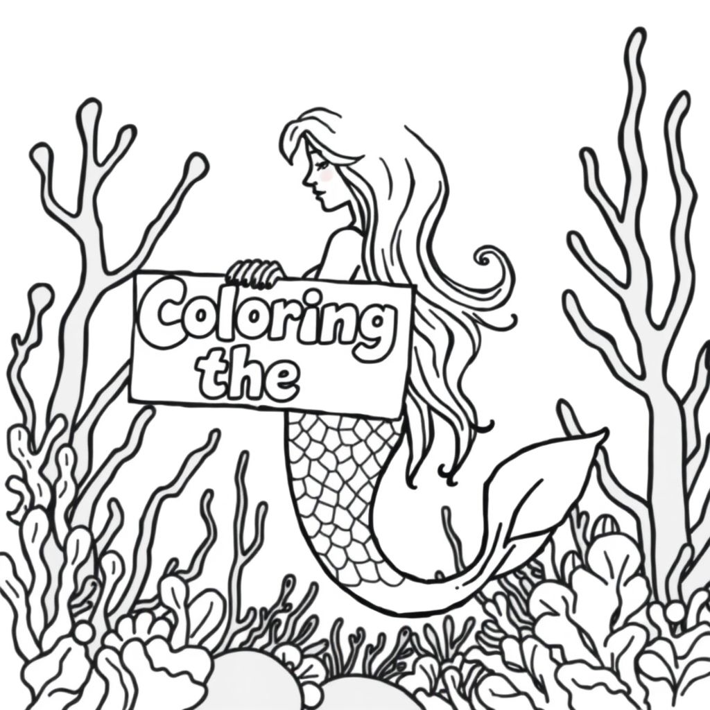 A profile view of a mermaid, holding a sign with "Coloring the Sea" written in white bubble letters, in profile, in a underwater coral reef kingdom, surrealist style