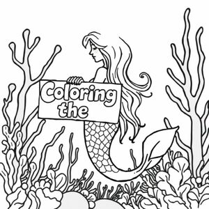 A profile view of a mermaid, holding a sign with "Coloring the Sea" written in white bubble letters, in profile, in a underwater coral reef kingdom, surrealist style