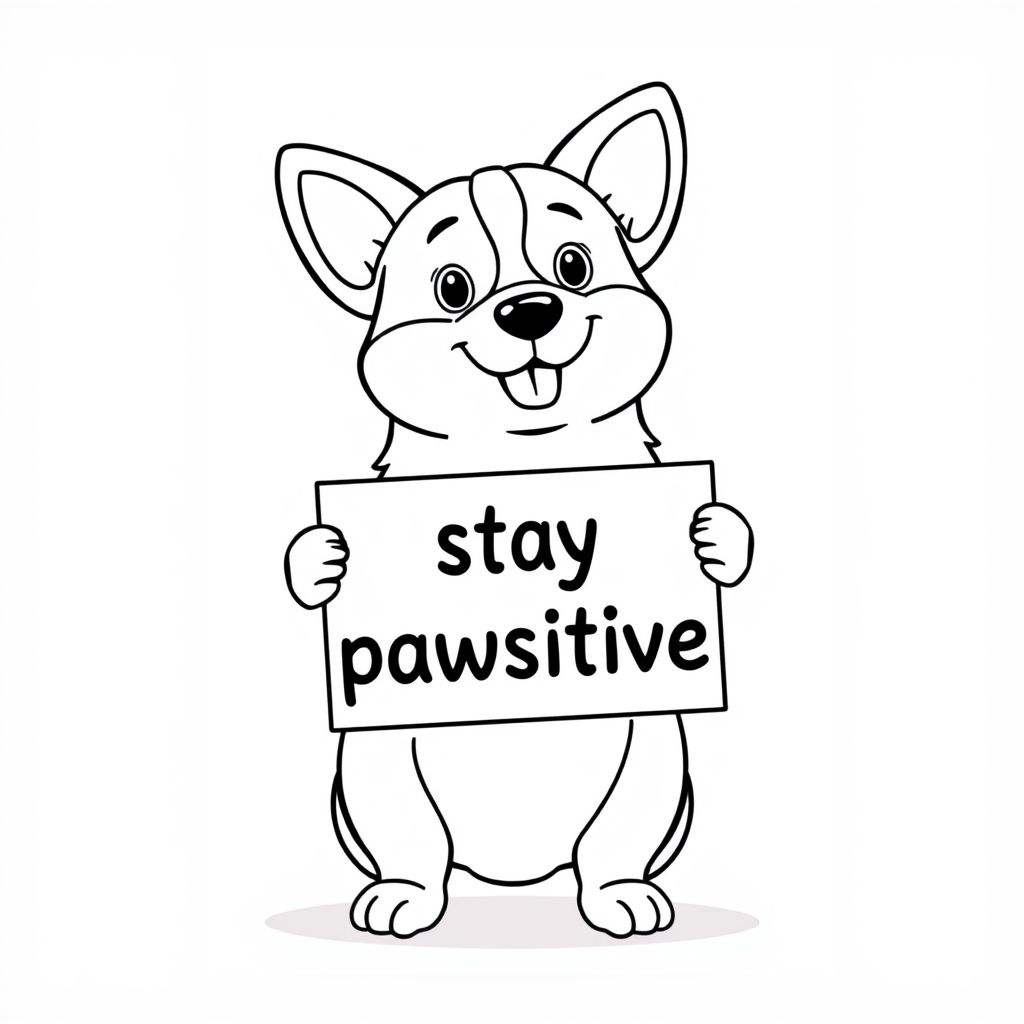 cute cartoon corgi holding sign that says "stay pawsitive"