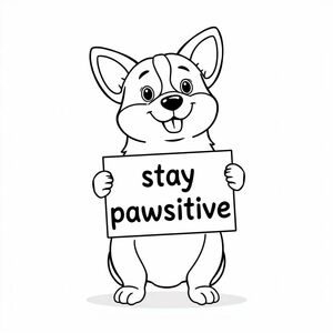 cute cartoon corgi holding sign that says "stay pawsitive"