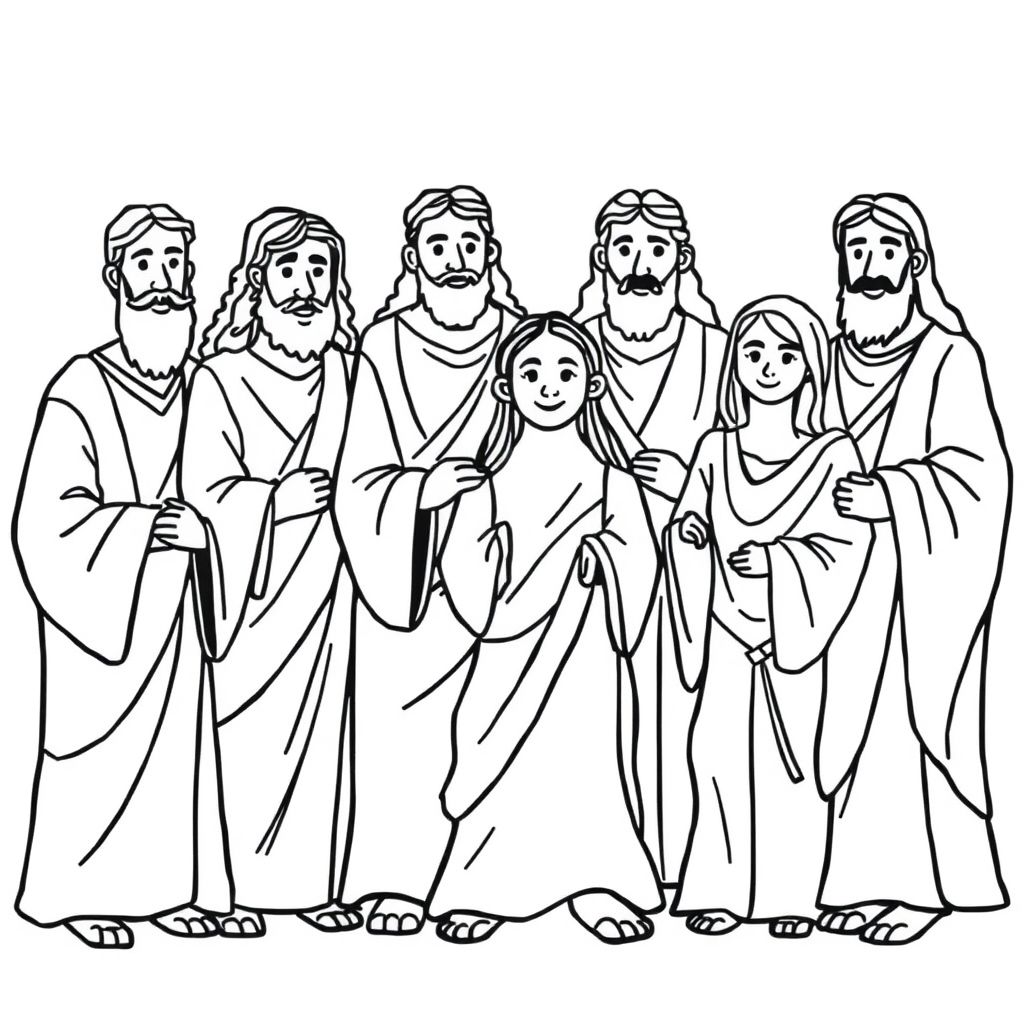 "Create a black-and-white illustration of the 12 disciples. Use clean, bold outlines with no shading. The design should be simple but engaging, suitable for children and adults to colour. Avoid small details that are hard to fill in. The style should be consistent with tradition