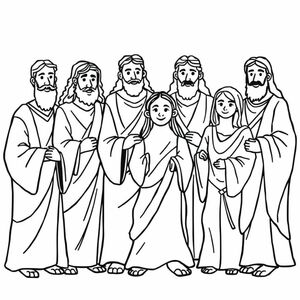 "Create a black-and-white illustration of the 12 disciples. Use clean, bold outlines with no shading. The design should be simple but engaging, suitable for children and adults to colour. Avoid small details that are hard to fill in. The style should be consistent with tradition