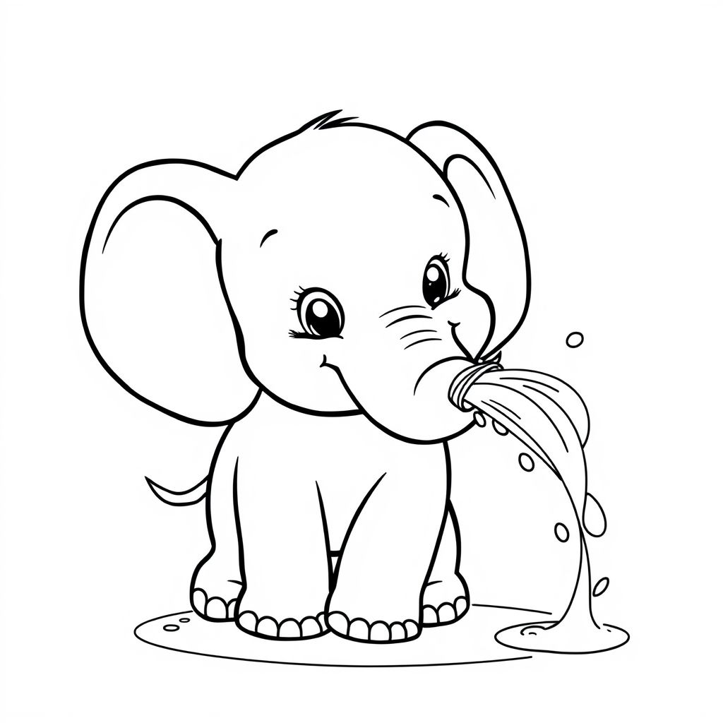 "Create a black-and-white illustration of a Cute baby elephant spraying water from its trunk. Use clean, bold outlines with no shading. The design should be simple but engaging, suitable for children and adults to colour. Avoid small details that are hard to fill in. The style should be consistent with tradition