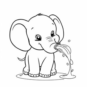 "Create a black-and-white illustration of a Cute baby elephant spraying water from its trunk. Use clean, bold outlines with no shading. The design should be simple but engaging, suitable for children and adults to colour. Avoid small details that are hard to fill in. The style should be consistent with tradition