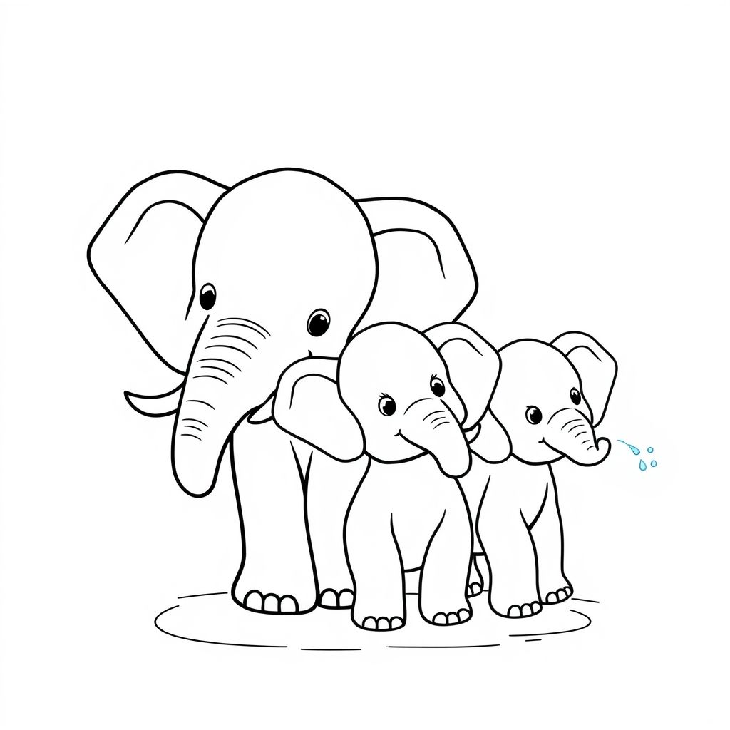 A cute baby elephant and its family are spraying water from its trunk
