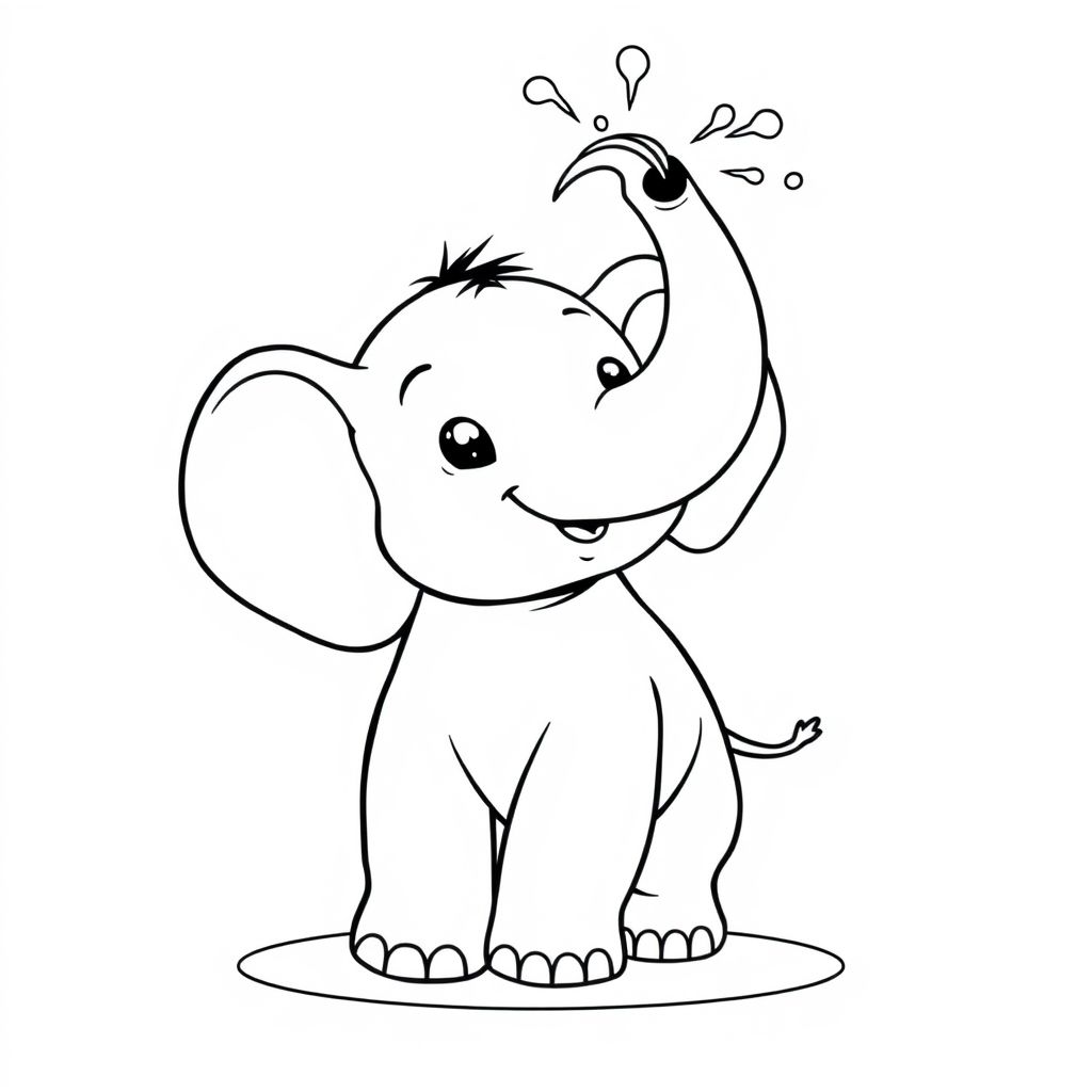 Create a black-and-white colouring book illustration of a Cute baby elephant spraying water from its trunk. Use clean, bold outlines with no shading or colour. The design should be simple but engaging, suitable for children and adults to colour. Avoid small details that are hard to fill in. The style should be consistent with traditional colouring book art: clear line art, no background clutter, no grayscale, only strong outlines