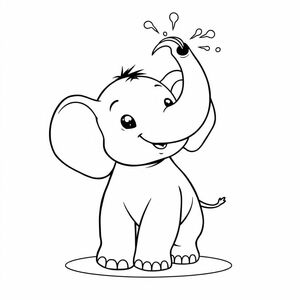 Create a black-and-white colouring book illustration of a Cute baby elephant spraying water from its trunk. Use clean, bold outlines with no shading or colour. The design should be simple but engaging, suitable for children and adults to colour. Avoid small details that are hard to fill in. The style should be consistent with traditional colouring book art: clear line art, no background clutter, no grayscale, only strong outlines