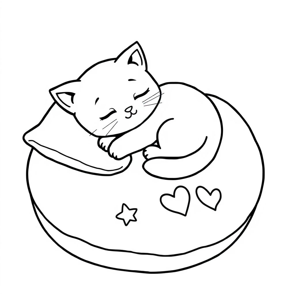 Sleepy Kitten on a Pillow — A chibi kitten curled on a large round pillow, eyes closed, gentle smile, tail wrapped. Add 2–3 big stars and a heart stitched on the pillow. Thick outlines, minimal fur lines, no background clutter.