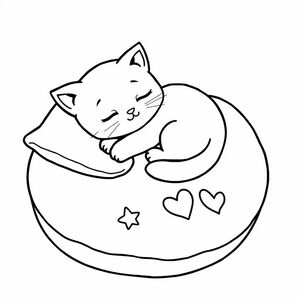 Sleepy Kitten on a Pillow — A chibi kitten curled on a large round pillow, eyes closed, gentle smile, tail wrapped. Add 2–3 big stars and a heart stitched on the pillow. Thick outlines, minimal fur lines, no background clutter.