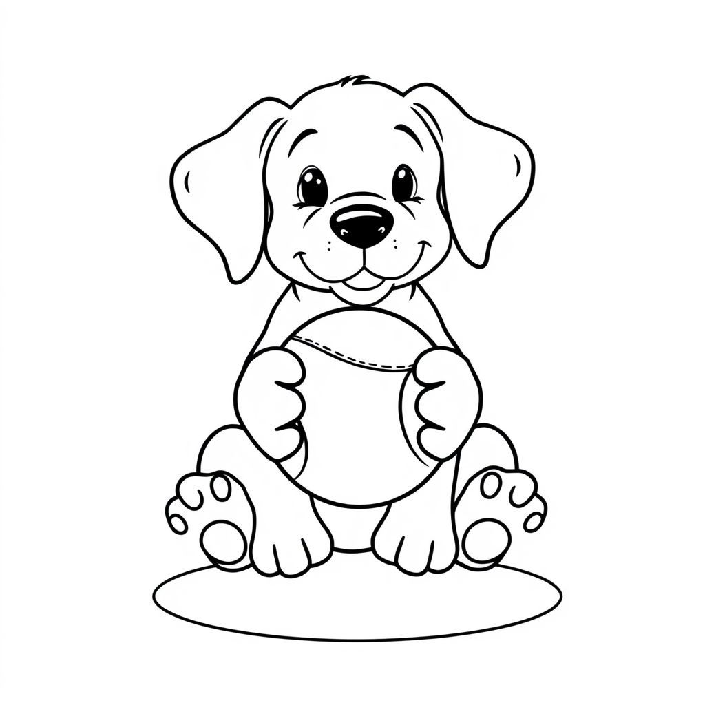 Puppy with a Tennis Ball — Sitting puppy facing forward, big floppy ears, holding a big tennis ball with paws. Include one bold floor oval shadow. Keep details simple; big nose, simple fur.
