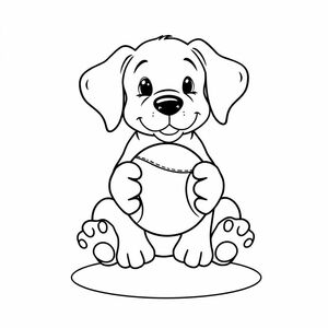 Puppy with a Tennis Ball — Sitting puppy facing forward, big floppy ears, holding a big tennis ball with paws. Include one bold floor oval shadow. Keep details simple; big nose, simple fur.