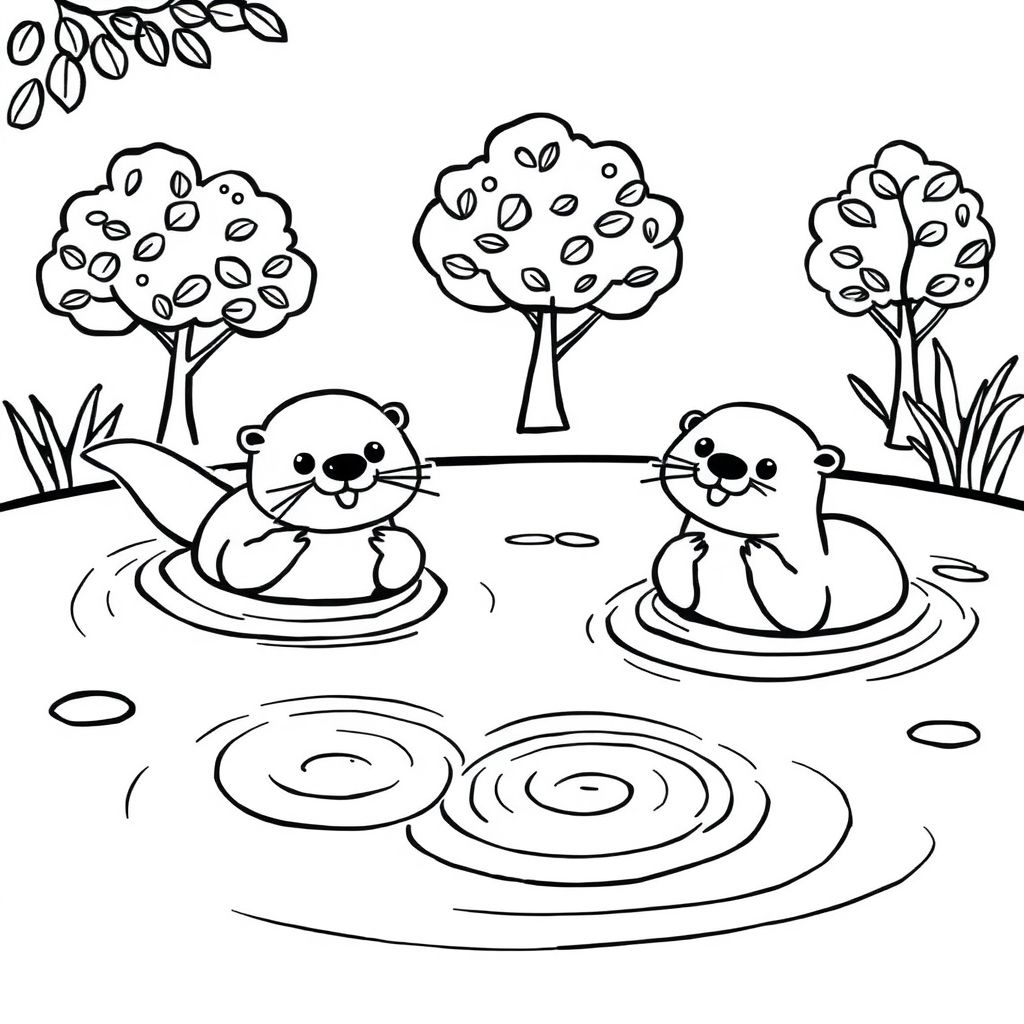 cute otters swimming and eating in a pond and trees in background
