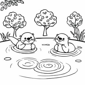 cute otters swimming and eating in a pond and trees in background
