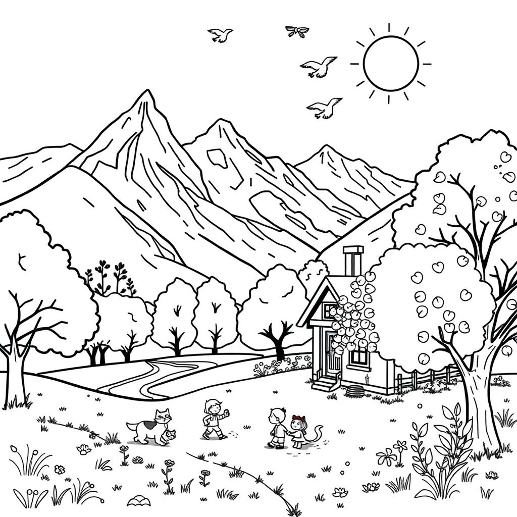 he spring season has arrived; everything is lush and green, and the sun is shining brightly. In the distance, snow can be seen on the mountains, and the melting snowmelt is flowing down the slopes. A gentle breeze causes the trees to sway lightly. Swallows and pigeons are soaring in the sky. Children have come out of the house next to the large apple tree in the yard, playing with their cats and dogs.