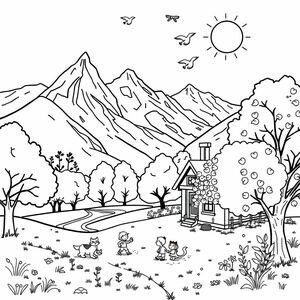 he spring season has arrived; everything is lush and green, and the sun is shining brightly. In the distance, snow can be seen on the mountains, and the melting snowmelt is flowing down the slopes. A gentle breeze causes the trees to sway lightly. Swallows and pigeons are soaring in the sky. Children have come out of the house next to the large apple tree in the yard, playing with their cats and dogs.