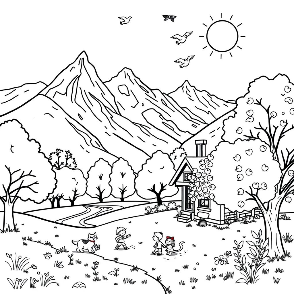 he spring season has arrived; everything is lush and green, and the sun is shining brightly. In the distance, snow can be seen on the mountains, and the melting snowmelt is flowing down the slopes. A gentle breeze causes the trees to sway lightly. Swallows and pigeons are soaring in the sky. Children have come out of the house next to the large apple tree in the yard, playing with their cats and dogs.
