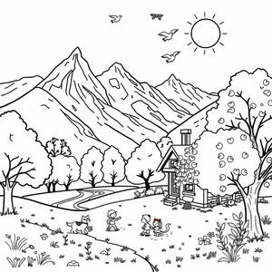 he spring season has arrived; everything is lush and green, and the sun is shining brightly. In the distance, snow can be seen on the mountains, and the melting snowmelt is flowing down the slopes. A gentle breeze causes the trees to sway lightly. Swallows and pigeons are soaring in the sky. Children have come out of the house next to the large apple tree in the yard, playing with their cats and dogs.
