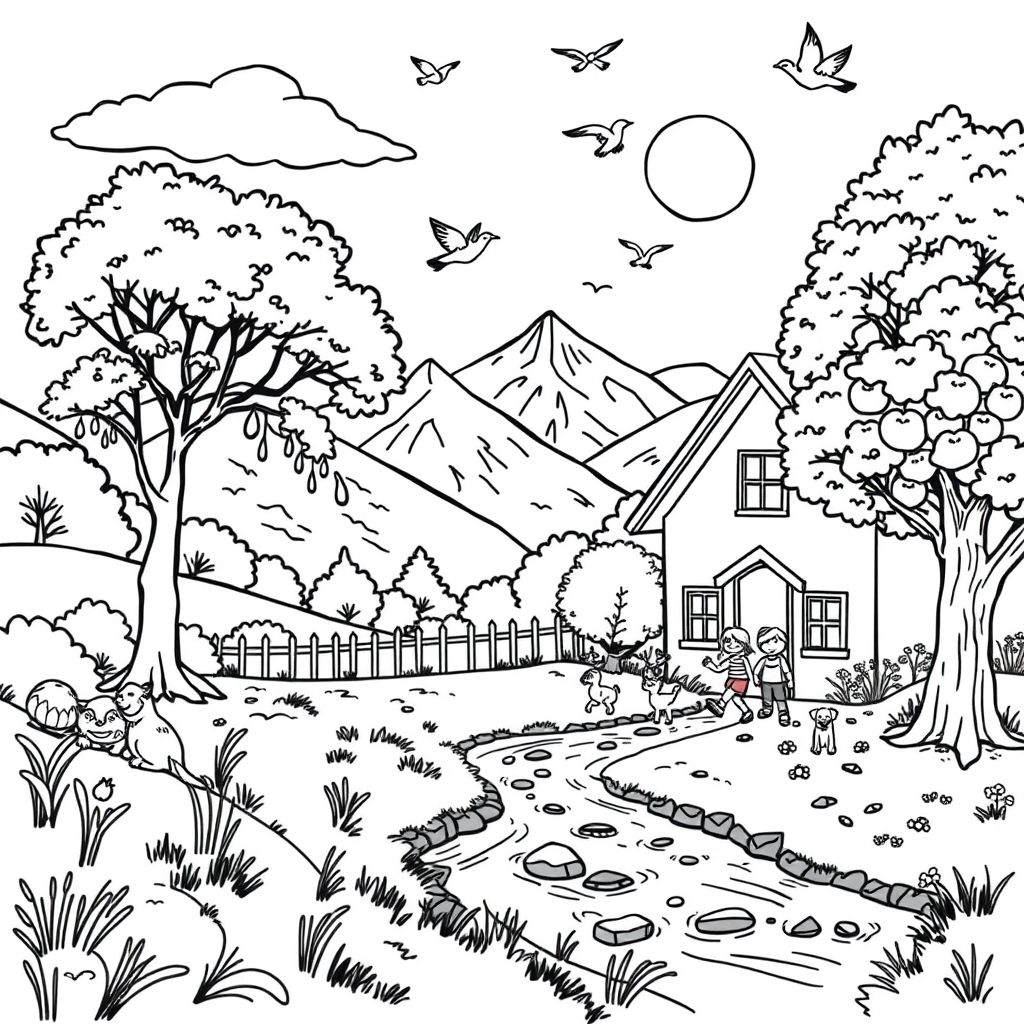 the spring season has arrived; everything is lush and green, and the sun is shining brightly. In the distance, snow can be seen on the mountains, and the melting snowmelt is flowing down the slopes. A gentle breeze causes the trees to sway lightly. Swallows and pigeons are soaring in the sky. Children have come out of the house next to the large apple tree in the yard, playing with their cats and dogs.
