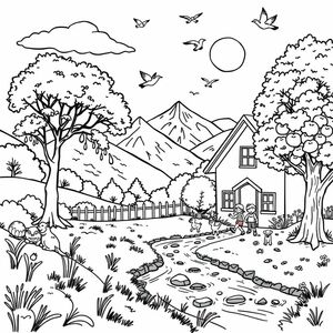 the spring season has arrived; everything is lush and green, and the sun is shining brightly. In the distance, snow can be seen on the mountains, and the melting snowmelt is flowing down the slopes. A gentle breeze causes the trees to sway lightly. Swallows and pigeons are soaring in the sky. Children have come out of the house next to the large apple tree in the yard, playing with their cats and dogs.
