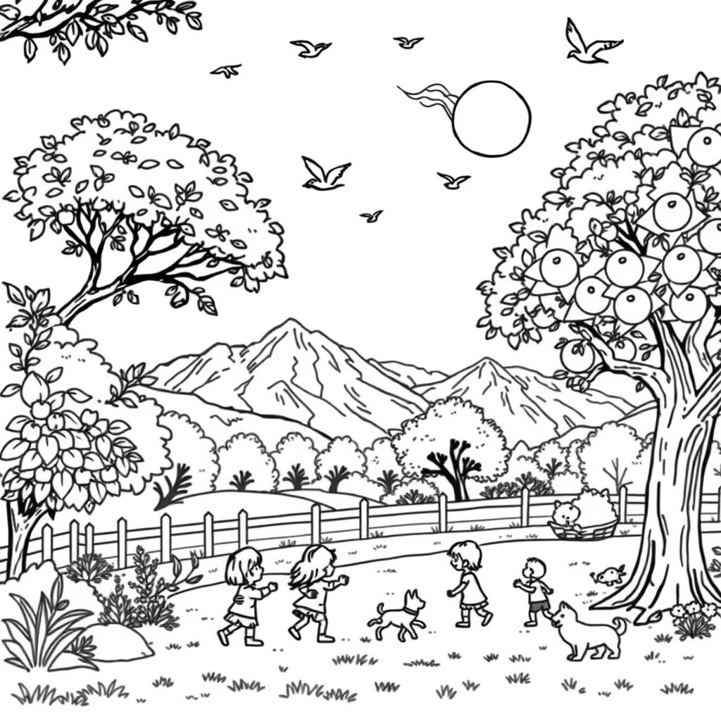 The spring season has arrived; everything is lush and green, and the sun is shining brightly. In the distance, snow can be seen on the mountains, and the melting snowmelt is flowing down the slopes. A gentle breeze causes the trees to sway lightly. Swallows and pigeons are soaring in the sky. Children have come out of the house next to the large apple tree in the yard, playing with their cats and dogs. All items look very clear image