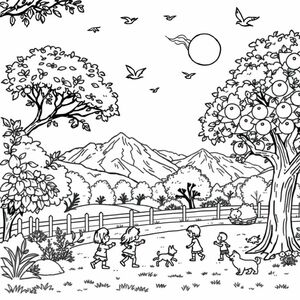 The spring season has arrived; everything is lush and green, and the sun is shining brightly. In the distance, snow can be seen on the mountains, and the melting snowmelt is flowing down the slopes. A gentle breeze causes the trees to sway lightly. Swallows and pigeons are soaring in the sky. Children have come out of the house next to the large apple tree in the yard, playing with their cats and dogs. All items look very clear image