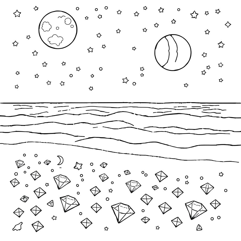 Beach scattered with diamonds and the waves lapping at the shore, night sky filled with three moons in different phases nestled among the stars