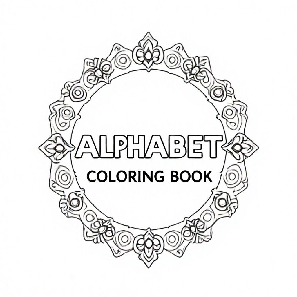 A large "ARABIC ALPHABET COLORING BOOK" titile in bold letters surrounded by some mandala patterns