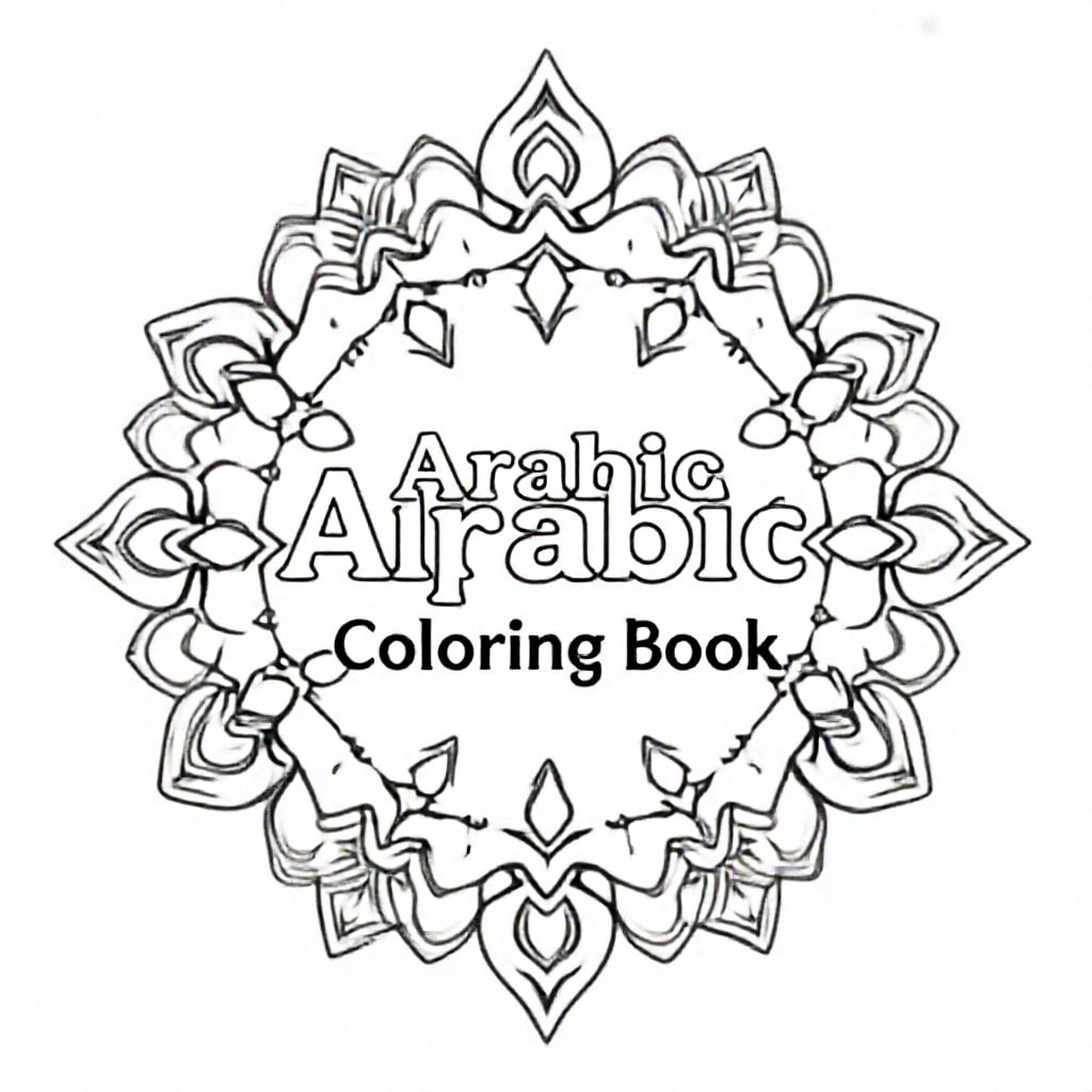 A large bold title text " Arabic Alphabet Coloring book " . Surround this text with colorfull mandela patterns and arabic letters floating around