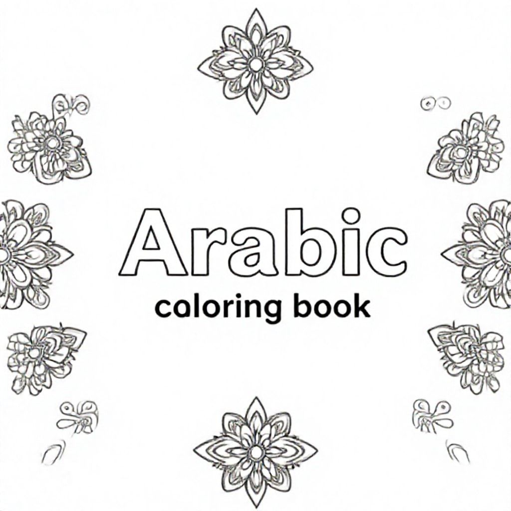 Large bold title "Arabic Alphabet coloring book".  in the center.  On the edges colorful mandela patterns