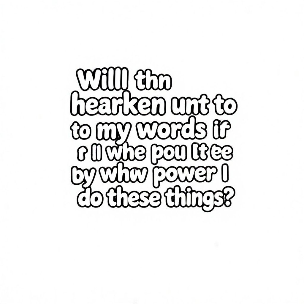 "Will thou hearken unto my words if I tell thee by what power I do these things?" written in white bubble letters, in profile, surrealist style