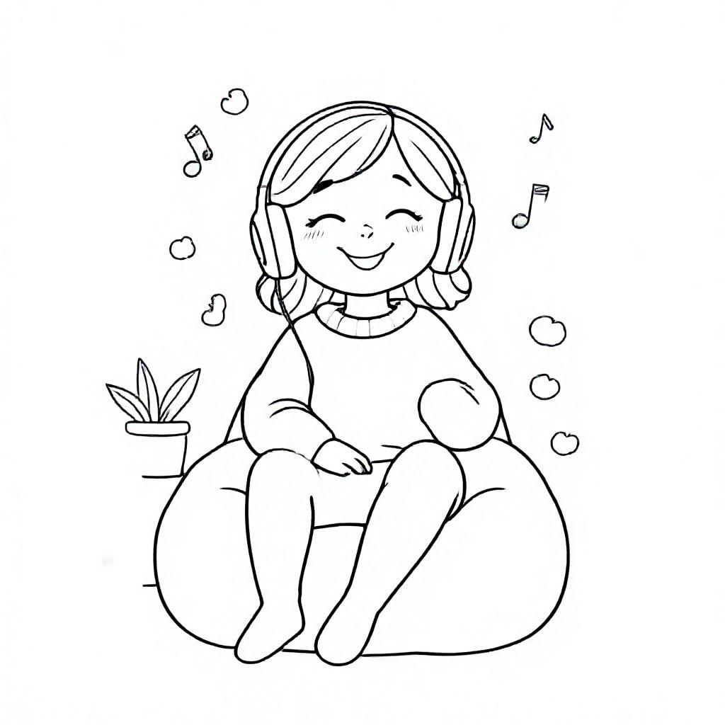 I would like to see a girl listening to music. Please use cute and cozy style and generate a background that fits with the subject.
