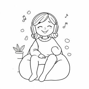 I would like to see a girl listening to music. Please use cute and cozy style and generate a background that fits with the subject.
