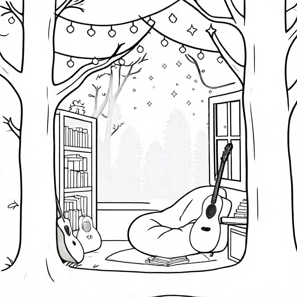 “Cute cozy treehouse interior with a beanbag chair, bookshelf, guitar, radio, fairy lights, small table with books, surrounded by trees and stars, black and white line art, coloring page style, no shading, simple outlines, whimsical and kid-friendly”