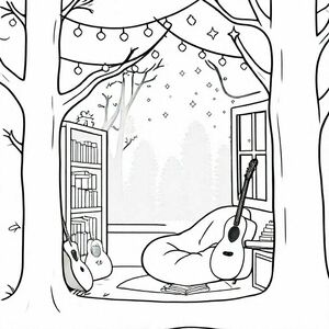 “Cute cozy treehouse interior with a beanbag chair, bookshelf, guitar, radio, fairy lights, small table with books, surrounded by trees and stars, black and white line art, coloring page style, no shading, simple outlines, whimsical and kid-friendly”