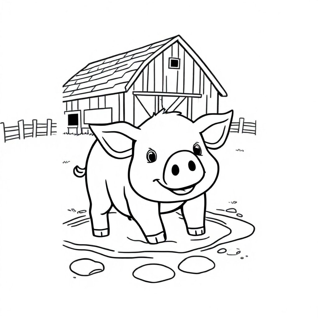 cute pig playing in the mud with a barn in the background
