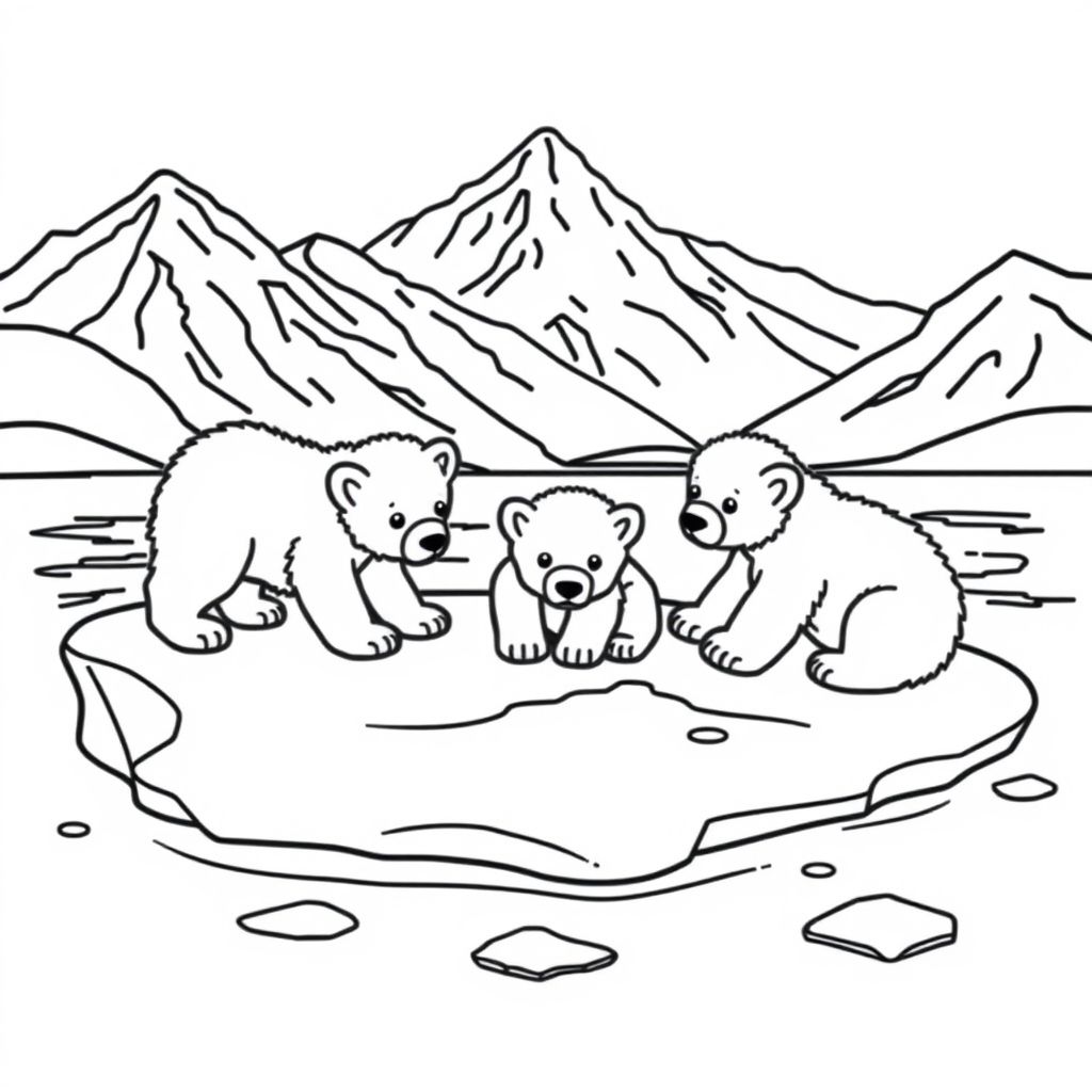 cute polar cubs playing on ice with mountains in background
