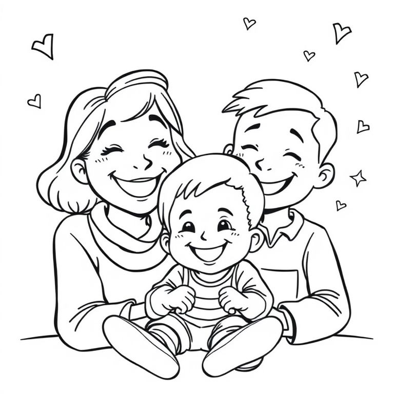 Transform this uploaded photo (photo description: pop close with granddaughter and grandson with smiles on their faces] into a whimsical children's colouring book page. Convert it to a clean, high-contrast black-and-white line art illustration in a simple, cartoonish style suitable for kids aged 1-5 years. Use thick, bold outlines with minimal fine details to make it easy to colour—no shading, textures, or gradients. Emphasize joyful play elements like smiling faces, playful poses, and fun toys, keeping everything large and recognizable. Add subtle, optional doodle-like flourishes around the edges like stars or hearts to spark imagination, but keep the focus on the main scene. Ensure the overall vibe is happy, nostalgic, and family-oriented, evoking warm memories of aunty-niece-nephew adventures. Output as a single printable page with ample white space for crayons.