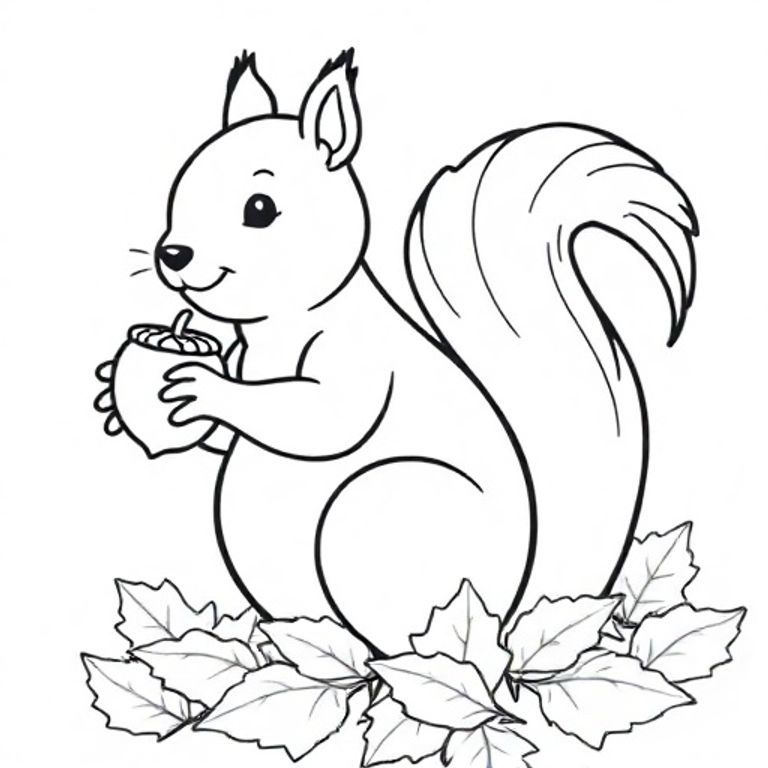 A cute realistic squirrel holding an acorn, sitting on a pile of autumn leaves, black-and-white line art, simple background, coloring book page."