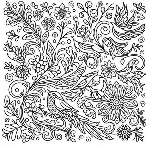 A black and white drawing of flowers and leaves