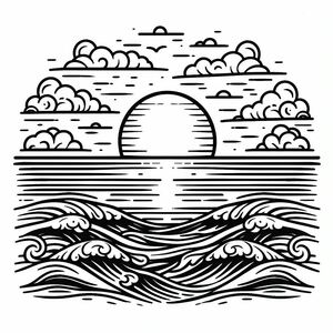 A black and white drawing of a sunset over the ocean