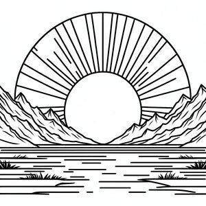 A black and white drawing of mountains and a sun