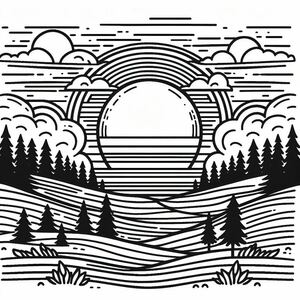 A black and white landscape with trees and clouds