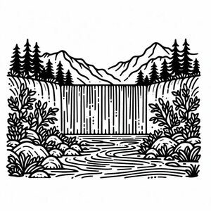 A black and white drawing of a waterfall 3