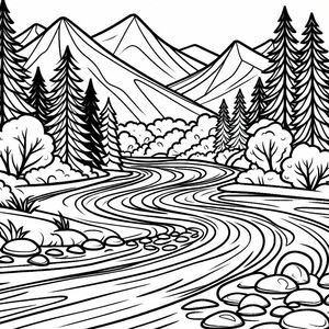 A black and white landscape with mountains and trees