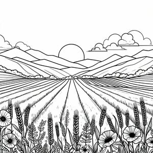 A black and white drawing of a field with flowers