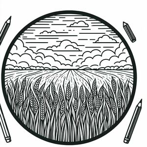 A black and white drawing of a wheat field